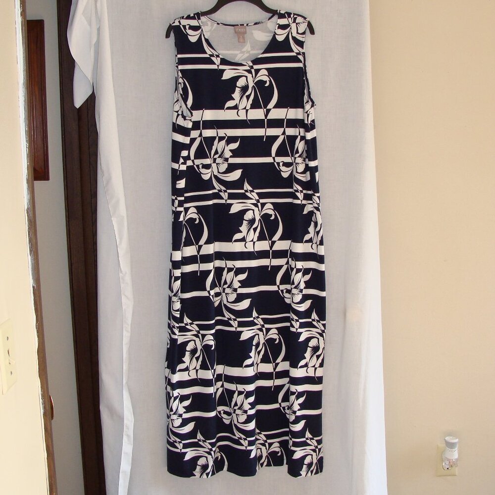 CHICO's White & Dark Blue FLORAL & STRIPE Scoop Neck MAXI TANK DRESS Sz 3